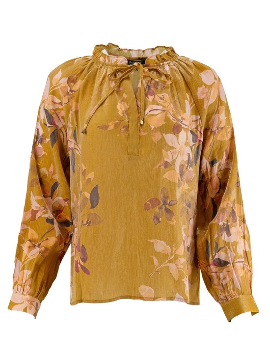 Badgley Mischka Tops - Badgley Mischka Mustard Floral Tie Ruffle Neck Peasant Blouse Size Small